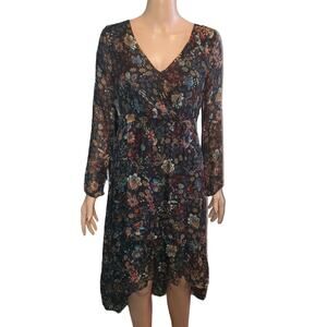 ELENA BALDI Size XS Silk Blend Black Floral Hi-lo Midi Dress Peach Blue Red
